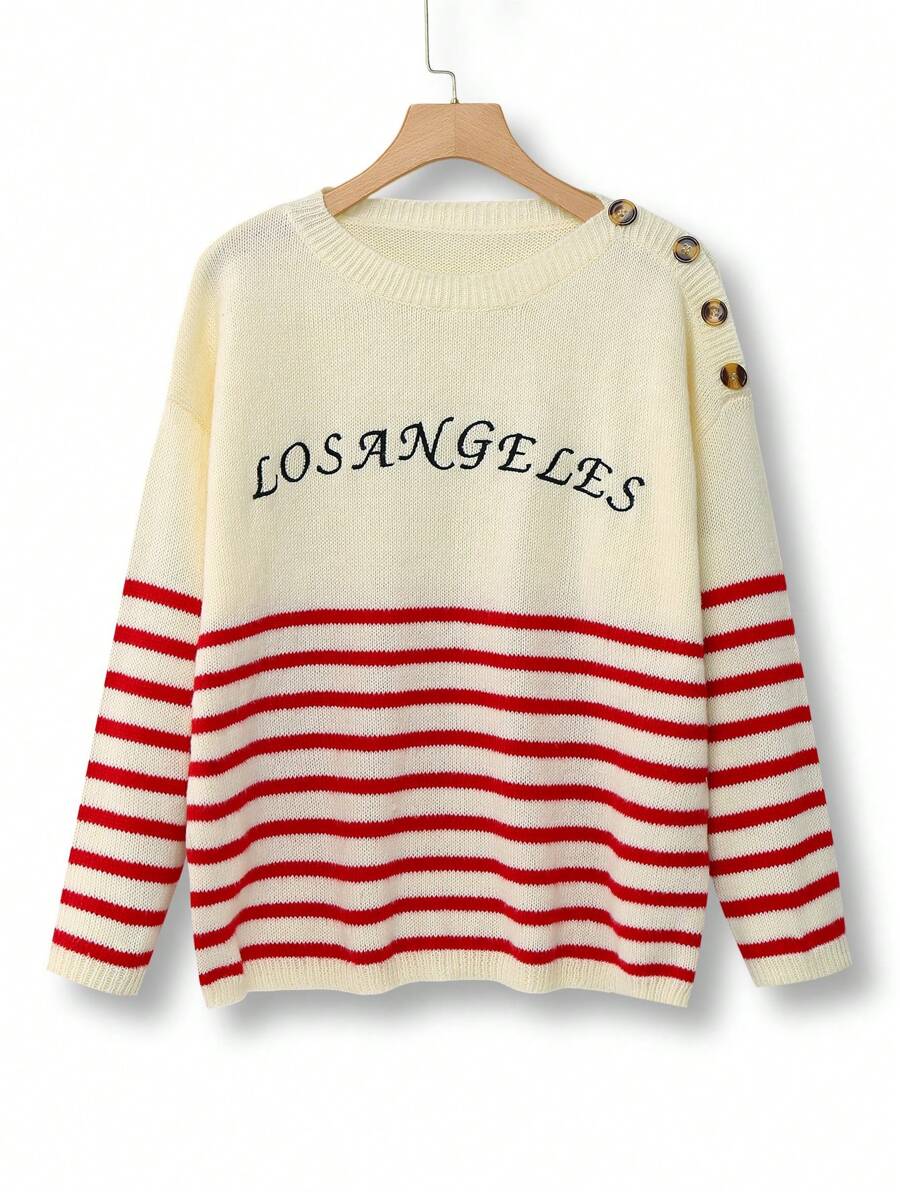 SHEIN LUNE Plus Size Women Colorblock Knit Sweater With English Letter Embroidery And Button Closure, Versatile Casual Style For Autumn/Winter Knit Pullover Fall - Multicolor - View 1