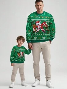 Manfinity Men's Santa Claus Print Crew Neck Long Sleeve Casual Sweatshirt For Autumn - Green - View 3