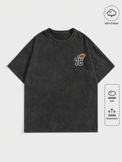 Street Life Men Snow Wash Vintage Letter Graphic Drop Shoulder Tee, Basketball Jersey, School