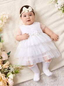 SHEIN 新生女婴可爱优雅白色网眼蝴蝶结无袖连衣裙 - 白色 - 查看 4