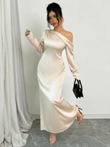 Elenzga 1 chiếc váy dài tay thanh lịch bằng vải satin cổ bất đối xứng màu trơn - Màu be - Xem 3