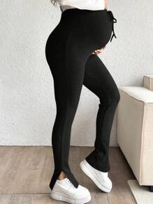 SHEIN 孕妇女士罗纹紧身可调节腰部休闲开衩紧身裤 - 黑色 - 查看 7