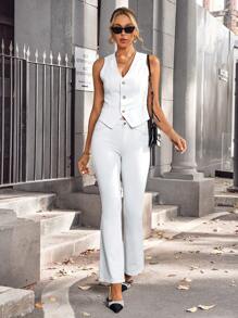 SHEIN Essnce 女士纯色前扣无袖休闲牛仔夹克 - 白色 - 查看 3