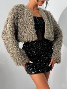 SHEIN SXY 新年优雅性感夜店必备情人节休闲棕色短长袖保暖卷毛仿皮草外套 - 紅白色 - 查看 5