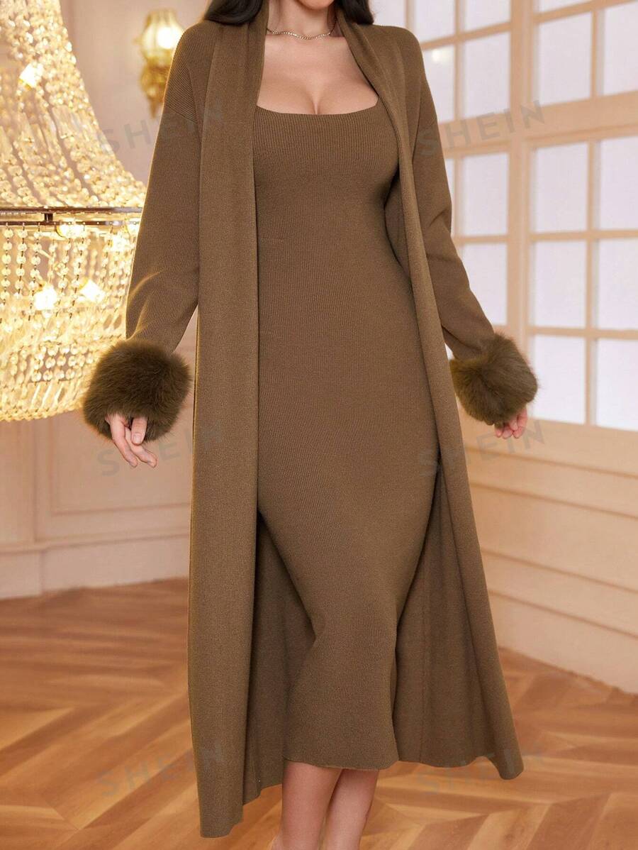 Conjunto de 2 piezas para mujer con chaqueta de manga larga y vestido sólido de color con textura esponjosa, conjunto de vestir casual