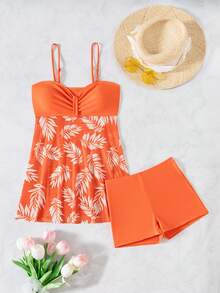 Swim Lushoire Summer Beach Floral Print Ruffle Spaghetti Strap Dress And Solid Color Boxer Shorts Set - Coffee Brown - View 3