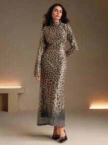 Anewsta Vestido de fiesta con cuello alto, estampado de leopardo con lentejuelas, largo, para mujer, outfit para fiestas - Marrón - Ver 5