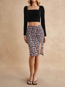 Poéselle Falda de cintura alta con estampado floral, plisada y con abertura lateral, falda de verano para vacaciones inspirada en la serie Bridgerton