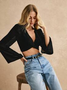 Poéselle Blusa corta con manga de volantes y detalle de nudo delantero, top corto, manga de gasa, semi-transparente, ropa de verano