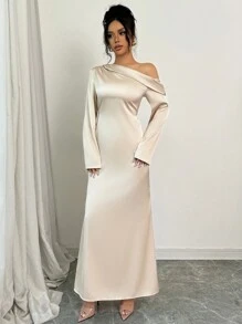 Elenzga 1 chiếc váy dài tay thanh lịch bằng vải satin cổ bất đối xứng màu trơn - Màu be - Xem 6
