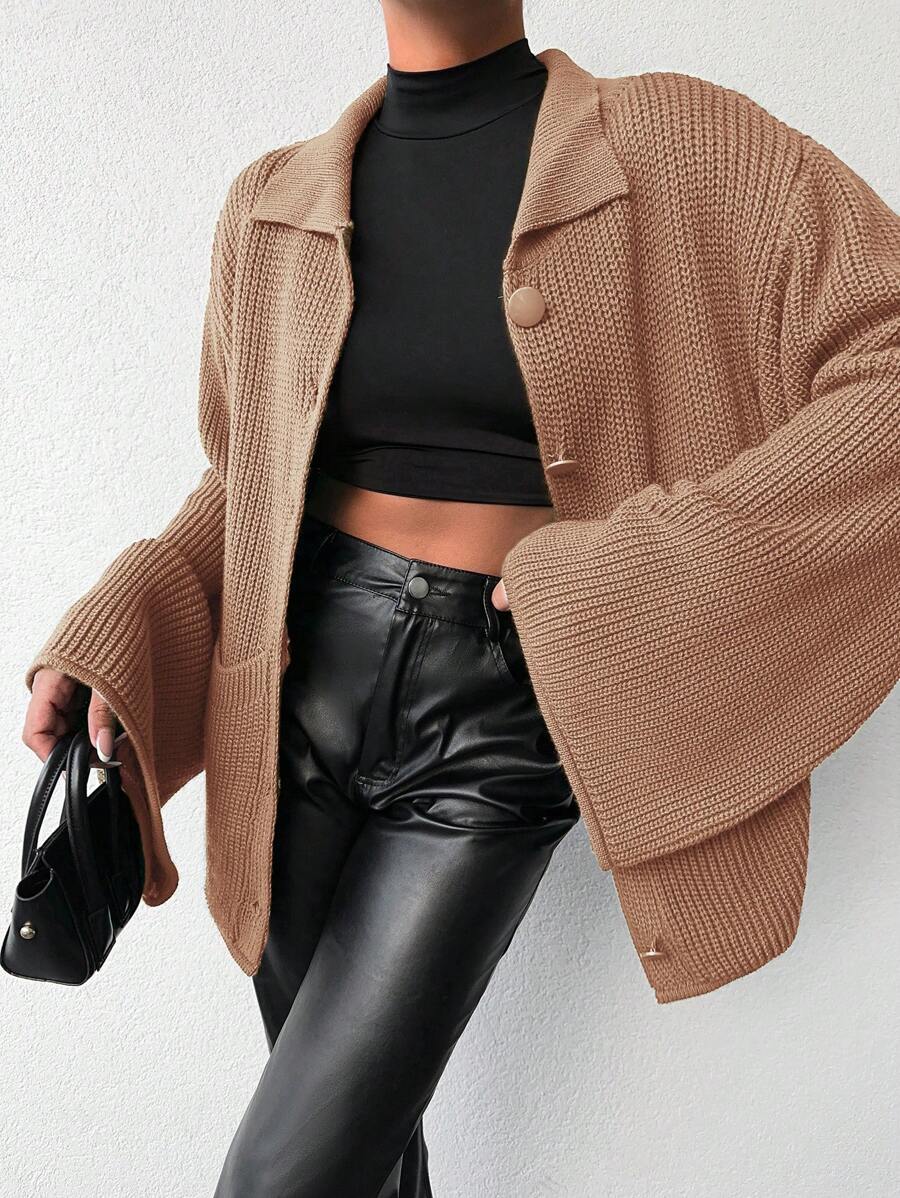 EURMUSE Women's Solid Color Turndown Collar Long Sleeve Front Button Pocket Loose Casual Blouse - Camel - View 1