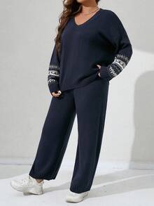 SHEIN LUNE Kích thước lớn Họa tiết Hình học Áo len dệt kim Và Màu thuần Quần Bộ - Màu xanh lam - Xem 5