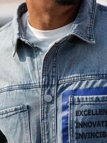 Manfinity Homme Plus Size Men's Casual Denim Shirt With Slogan Print, Long Sleeve Pocket Design, Autumn - Blue - View 5