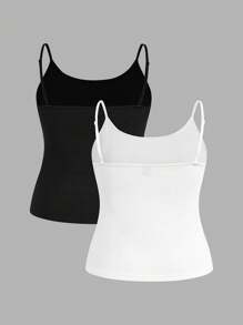 SHEIN EZwear 大码女式 2 件黑白罗纹吊带背心套装 - 黑與白 - 查看 2