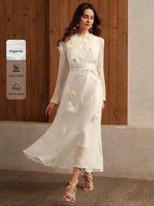 Anewsta Elegant 3D Daisy Decor Organza Long Sleeve Midi Dress With Vacation Vibe - White - View 1
