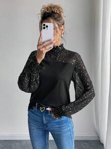 SHEIN Clasi Women's Sequin Mesh Paneled Solid Color Blouse