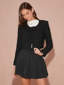Enchnt 1pc Women Elegant Bowknot Decor Cropped Jacket, Autumn - Black - View 5