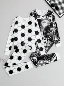 SHEIN 2pcs/Set Tween Boy Snug Fit Football Graphic Print Long Sleeve T-Shirt And Pants Pajama Set - Multicolor - View 1
