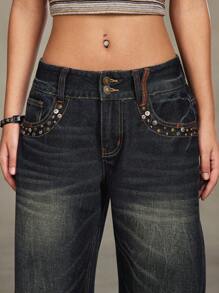 ROMWE Grunge Punk Vintage Distressed Rivet Decor Wide Leg Low Rise Loose Women Kpop Low Waist Boy Friend Jeans