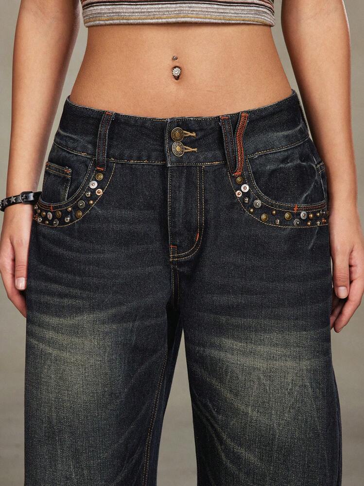 ROMWE Grunge Punk Vintage Distressed Rivet Decor Wide Leg Low Rise Loose Women Low Waist Boy Friend Jeans | SHEIN USA