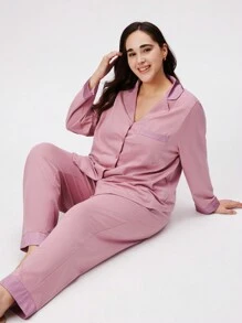LUVLETTE Autumn And Winter Plus Size Classic Lapel Long Sleeve Trousers Pink Pajamas Suit Luxury Cotton & Imitation Silk Stitching Women's Lounge Sets Pink Lounge Sets Bridal Intimates Fall Pajamas