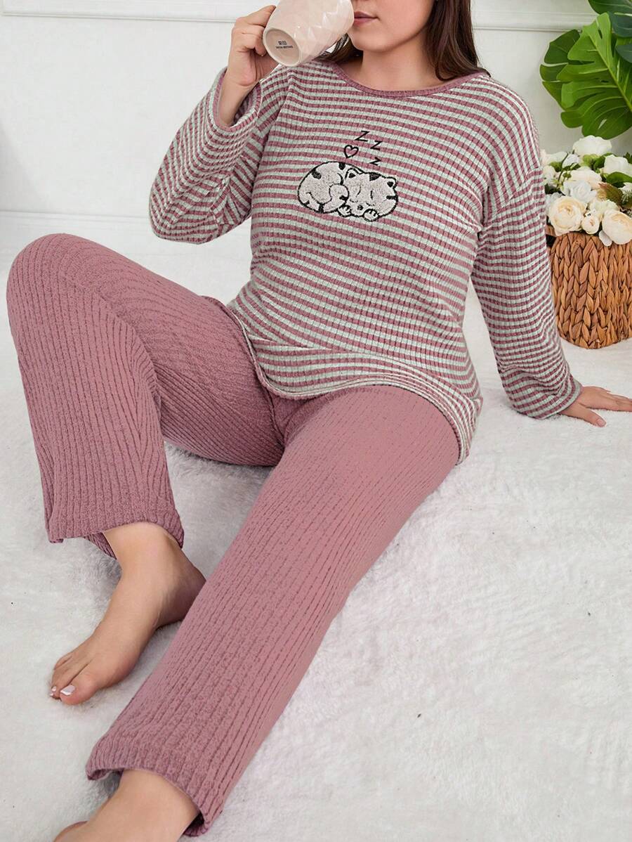 EURMUSE 2Pcs Cotton Contrast Colour Striped Long Sleeve Shirt And Long Bottoms PJ Set - Dusty Pink - View 1