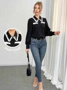 SHEIN Unity 女士优雅拼色领扣式长袖衬衫 - 黑色 - 查看 1