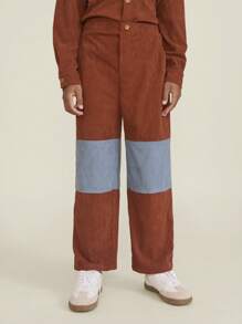 SHEIN Tween Boy Brown Corduroy Straight Slim Fit Casual Trousers, Autumn/Winter - Brown - View 1