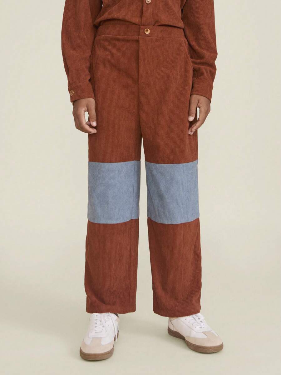 SHEIN Tween Boy Brown Corduroy Straight Slim Fit Casual Trousers, Autumn/Winter - Brown - View 1