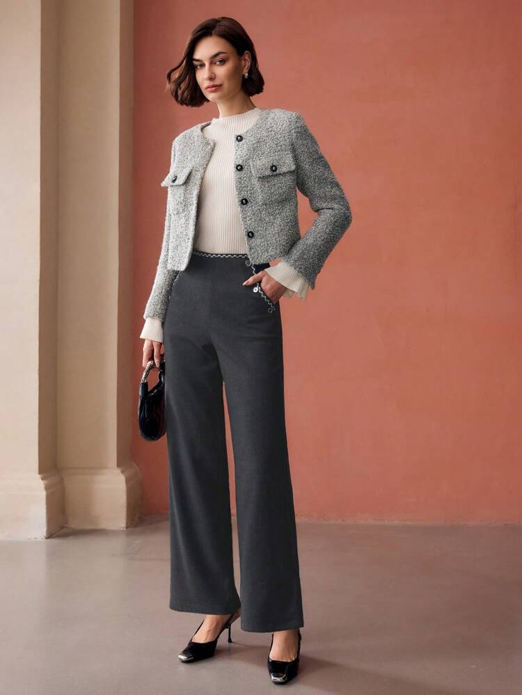 CONTRAST TAPE TRIM BUTTON DETAIL SLANT POCKET WIDE LEG PANTS