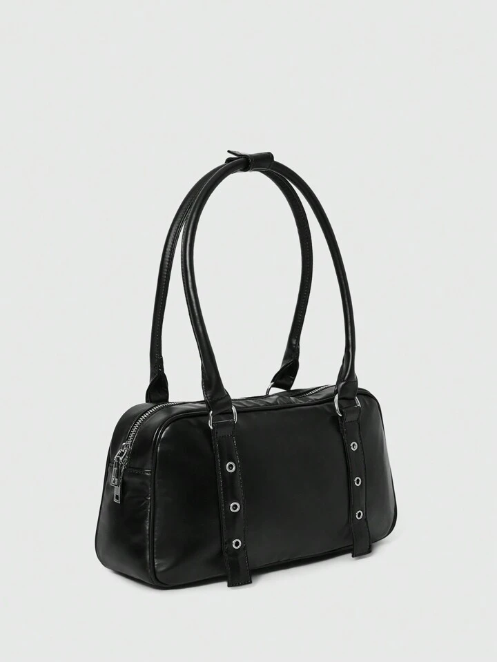 Our 1pc Black Double Strap Faux Leather Boston Shoulder Bag