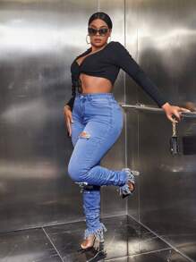 SHEIN SXY Plus High Waist Ripped Fringe Hem Skinny Jeans - Medium Wash - View 1