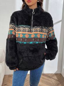 SHEIN Fair Isle Print Color-Block Bubble Fleece Casual Maternity Hoodie