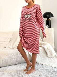 RueChic 100% 纯棉大象与字母刺绣条纹印花落肩睡裙 - 紅色 - 查看 3