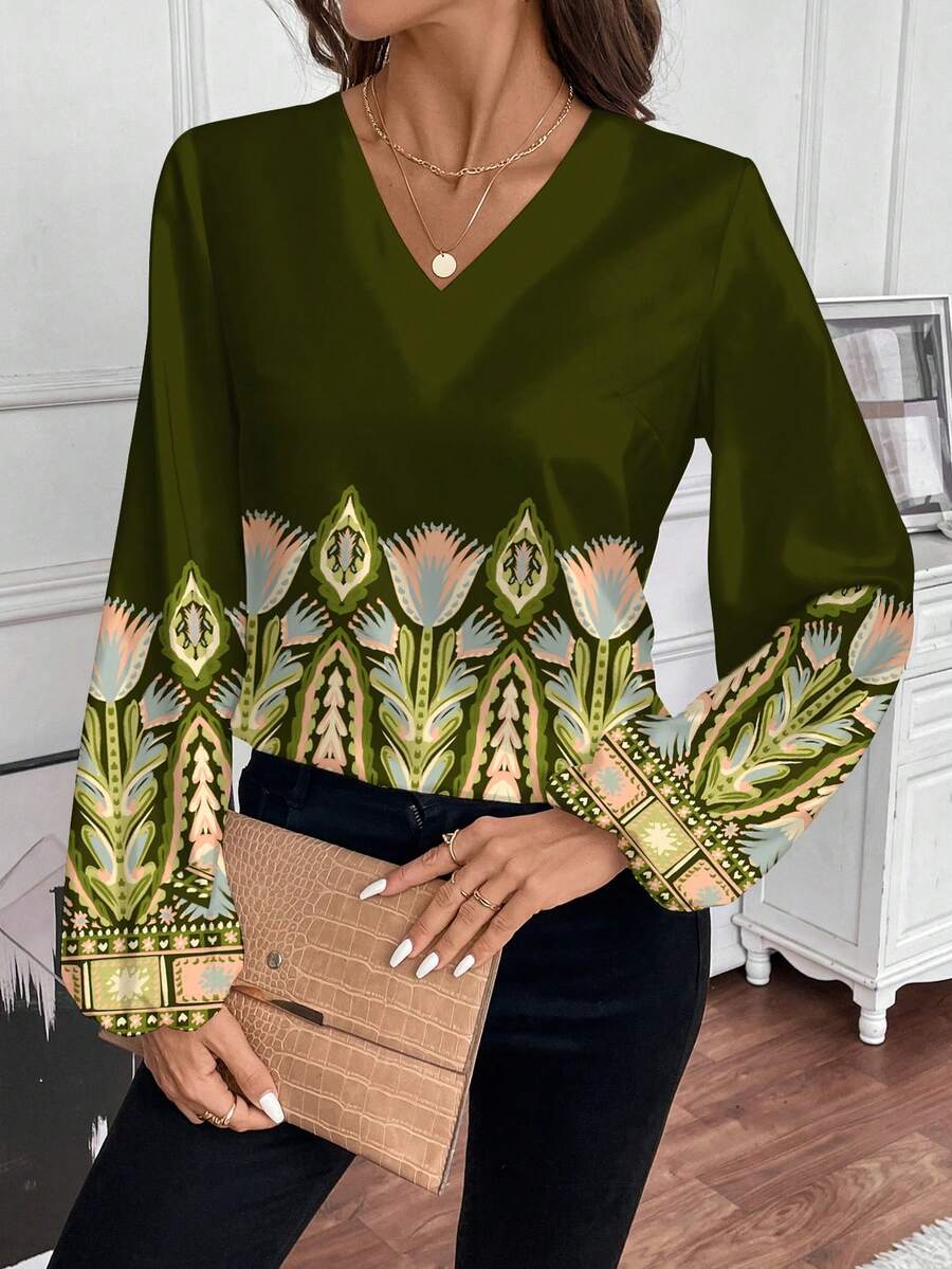 Felipe Marques Artist Women Casual Green Print Blouse, Suitable For Autumn/Winter, Holiday, New Year, Thanksgiving, Vacation, Spring & Summer, Beach, Festival, Spring Break, Ibiza Fits, Rave Western Wear - Green - View 1