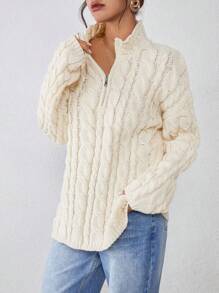 SHEIN EZwear Jersey de punto suelto de cuello alto de unicolor y manga larga, un cálido suéter navideño para mujer, ropa de mujer para clima frío de invierno