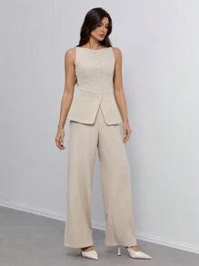 SHEIN Tall Women's Solid Color Round Neck Single-Breasted Vest And Pants Elegant Commuter Suit, Summer Fall Women Clothes Women Set Office Wear Business Casual Women Two Pieces Outfits Fall Women Office Wear Women Set Women Blazers Set - Apricot - View 4