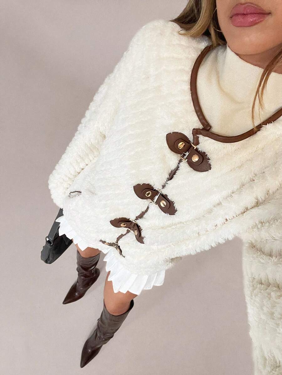 SHEIN SXY Women Button Design Fuzzy Loose Jacket, Autumn/Winter