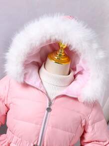 Young Girl Pink Fur Trim Hooded Multi-Layer Ruffle Hem Padded Jacket - Baby Pink - View 4