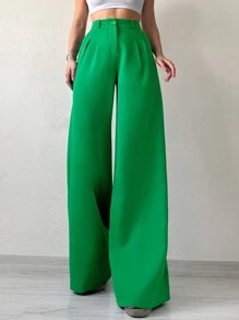 EURMUSE Solid Wide Leg Suit Pants - Green - View 1