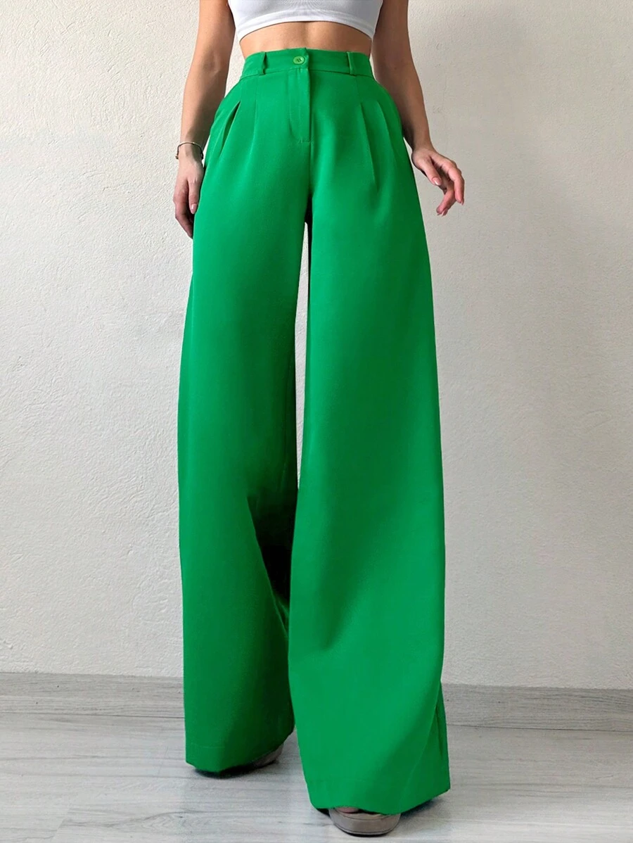 EURMUSE Solid Wide Leg Suit Pants - Green - View 1