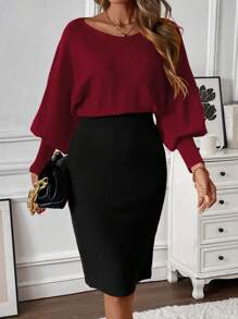 Chiquease 女士秋冬不对称领口拼色长袖修身优雅毛衣连衣裙 - 酒紅色 - 查看 5