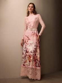 MOTF PREMIUM FLORAL PRINT LACE BODICE MOCK NECK RUFFLE TRIM LONG DRESS WITHOUT BELT - Multicolor - View 5