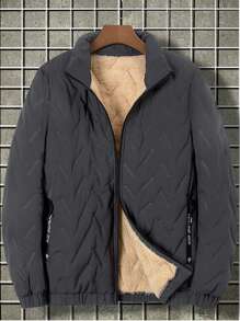 Manfinity Homme Plus Size Men's Solid Color Zipper Collar Fleece Casual Padded Coat, Winter - Dark Grey - View 3