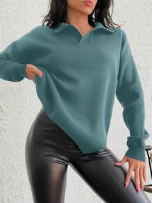 Áo len dệt kim rộng rãi thả vai thường ngày cho nữ có cổ bẻ - Màu xanh Cadet - Xem 4