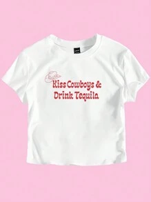Flirla Plus Size Western Style Cowgirl Crop Top T-Shirt For Women Kiss Cowboys Drink Tequila Women Graphic Tee Top For Summer - White - View 1