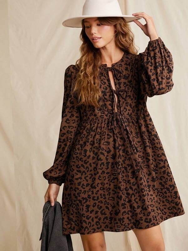 WESTFADE Cowgirl Cheetah Print Corduroy Bow Tie Front Long Puff Sleeve Mini Dress