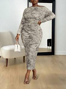 Maweii 2pcs Women Fashion Tie Dye Asymmetric Collar Long Sleeve Top And Long Skirt Set,Autumn,Classy,Wedding Guest,One Shoulder,Texture Fabric,Marble Print - Multicolor - View 4
