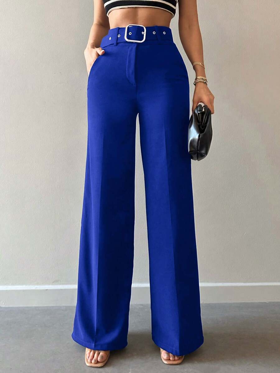 EURMUSE 女式纯色西装裤，带腰带和口袋，休闲日常穿着 - 寶藍色 - 查看 1