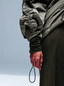 TypaGal Khaki Green One Shoulder Puff Sleeve Drawstring Shirt Winter Fall Cloth For Women - Green - View 6